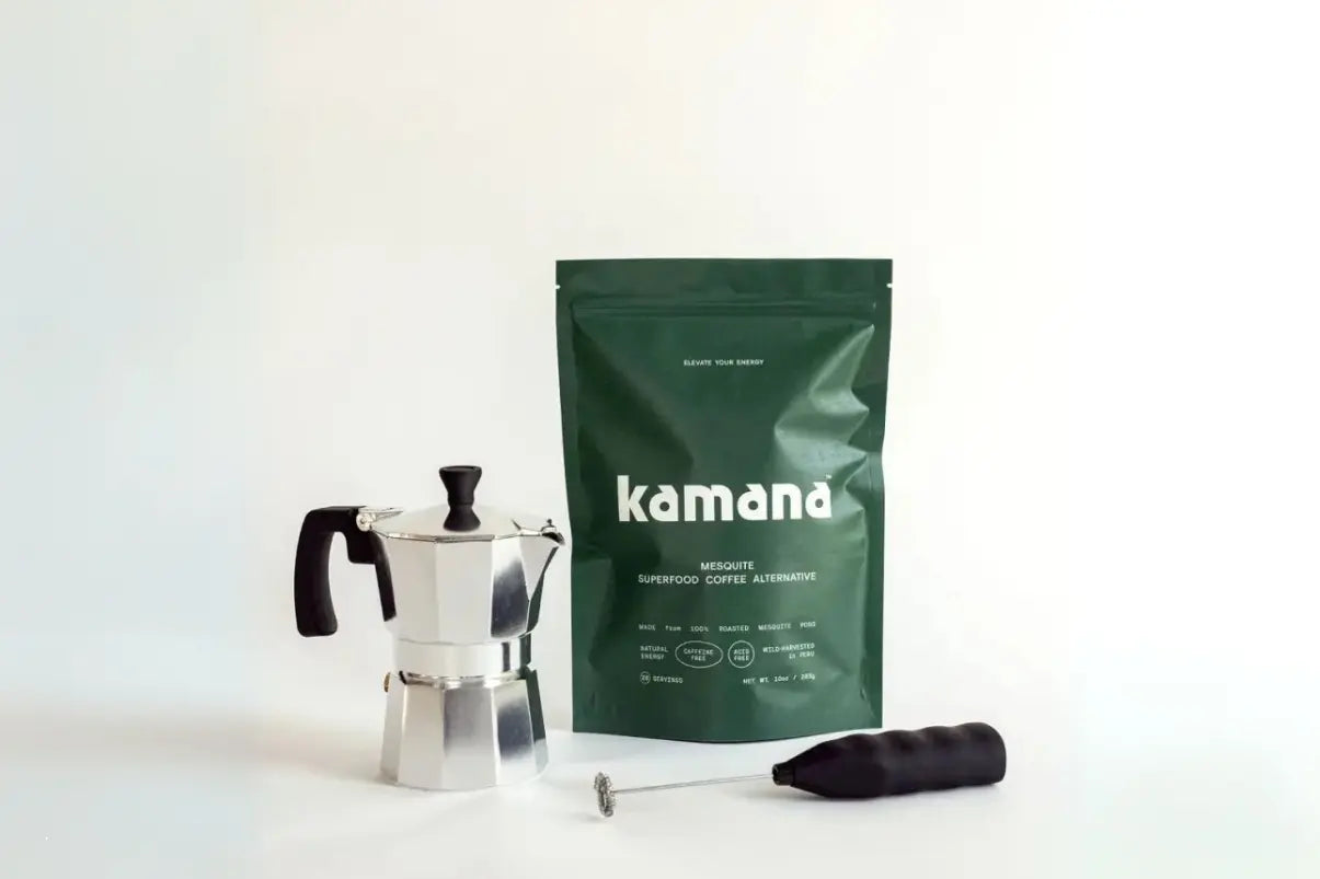 Coffee gift baskets idea with Kamana mesquite coffee, moka pot, and frother on white background.