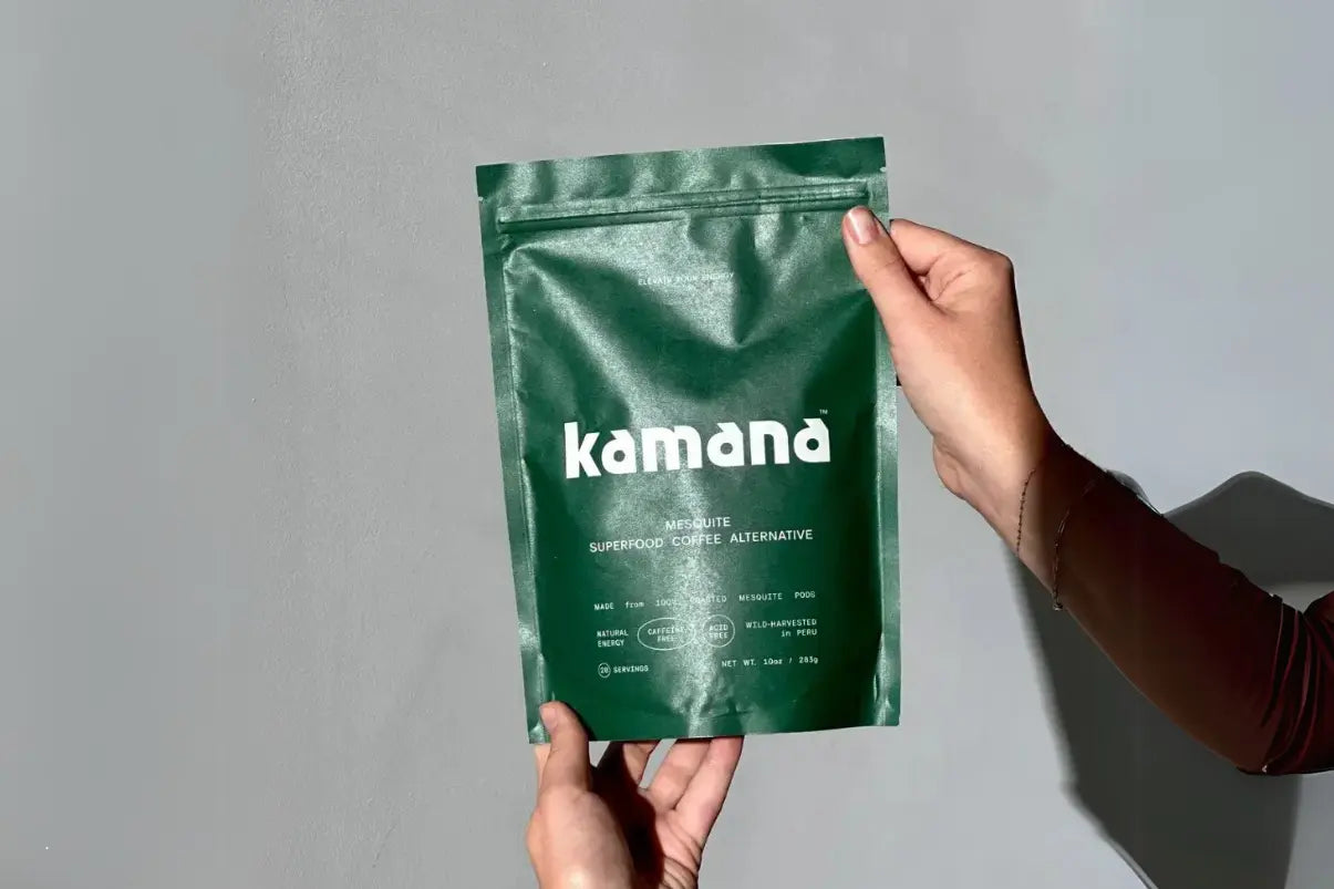 How to drink mesquite coffee shown with a fresh brewed cup and a green Kamana superfood coffee pouch.