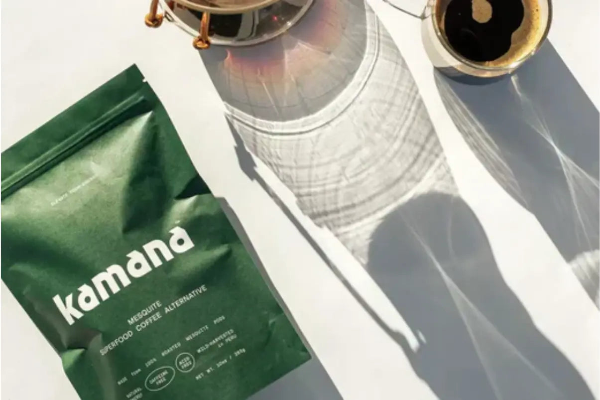 Innovative coffee blend Kamana mesquite coffee with shadow play from a glass of brewed coffee.