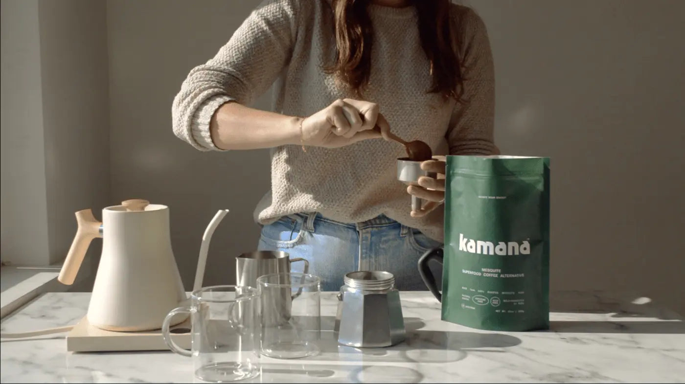 Woman preparing Kamana mesquite coffee alternative with a moka pot, showcasing the best coffee replacement for a healthy lifestyle